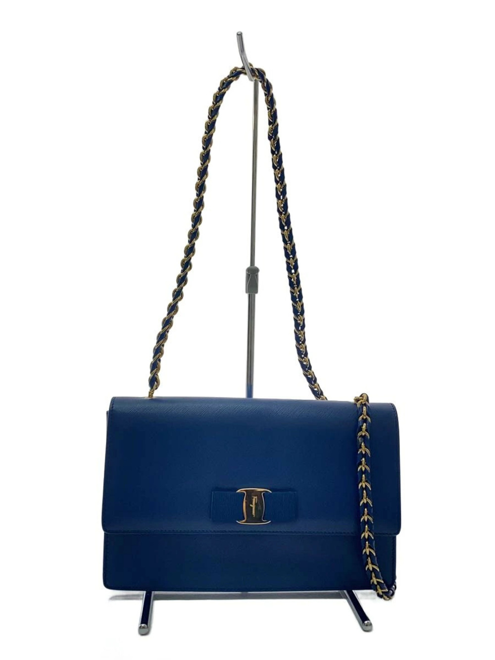 Salvatore Ferragamo Vara Ribbon Chain Shoulder Bag Leather Blue